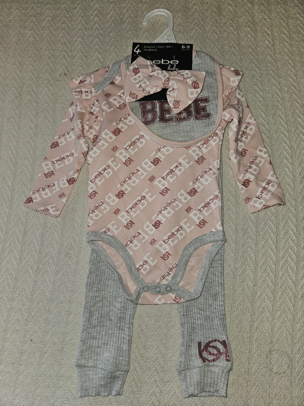 bebe Pink Logo Long-Sleeve Onesie with Gray Ribbed Pants